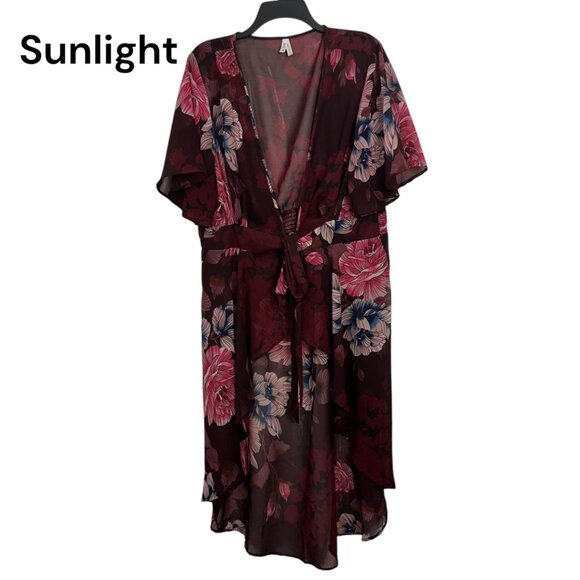 LIVE TRUTH Floral Sheer Kimono Hi-low Dress Tie Waist Burgundy & Pink Size 2X - Picture 1 of 12